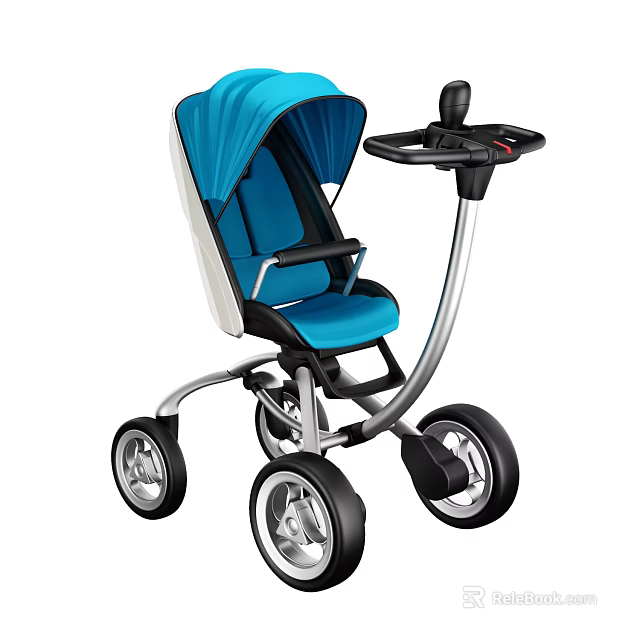 Modern Design Blue Baby Stroller With Canopy Comfortable Seat And Four Wheels 3d model 