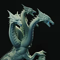 Multi Headed Mythical Creature Sculpture Carving With Blue Eyes And Rock Base