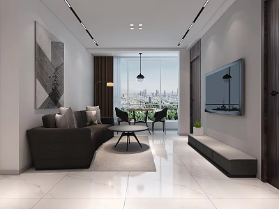 Modern Living Room Interior With Gray Sofa Round Coffee Table TV And City View 3d model