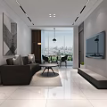 Modern Living Room Interior With Gray Sofa Round Coffee Table TV And City View