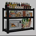 Spice Bottles on Black Kitchen Shelf with Dry Goods Jars Microwave and Fresh Vegetables