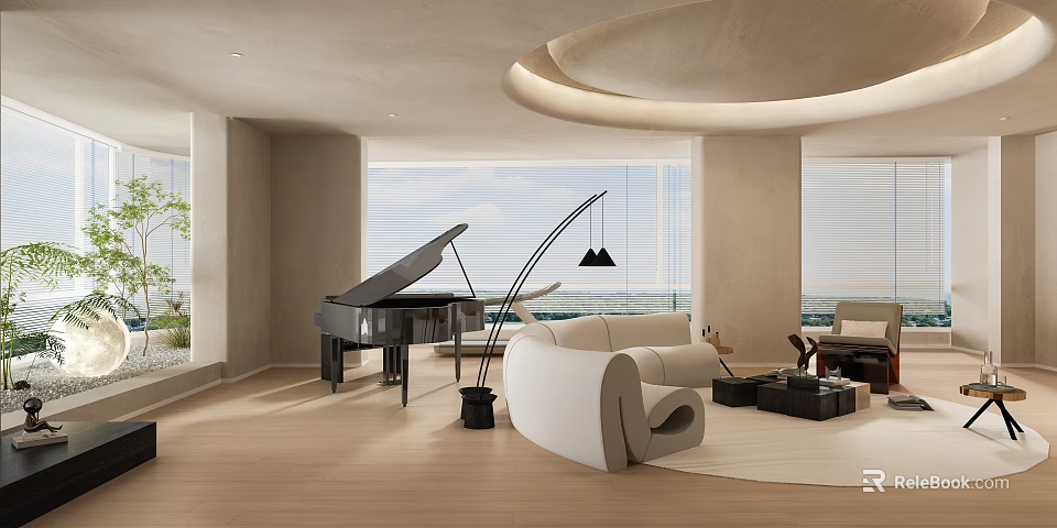 Modern Living Dining Room Interior With Grand Piano White Sofa And Floor To Ceiling Windows 3d model 