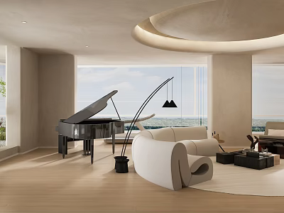 Modern Living Dining Room Interior With Grand Piano White Sofa And Floor To Ceiling Windows 3d model
