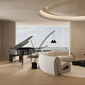 Modern Living Dining Room Interior With Grand Piano White Sofa And Floor To Ceiling Windows