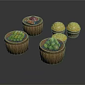 Assorted Fresh Food Items in Wicker Baskets Including Green Vegetables Yellow Grains and Red Produce