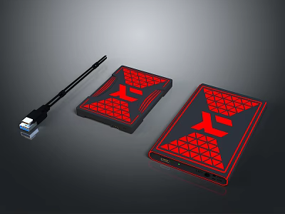 Portable External Hard Drive With Red Geometric Pattern And USB Cable For Computer Data Storage 3d model