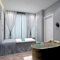 Serene Beauty SPA Room Interior With Bed Wooden Barrel Bathtub And Green Towels
