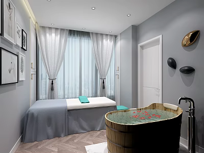 Serene Beauty SPA Room Interior With Bed Wooden Barrel Bathtub And Green Towels 3d model