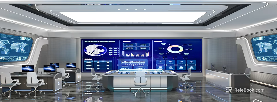 Hi tech Monitoring Room Interior With Digital Displays And Control Desk 3d model 
