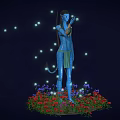 Blue Skinned Long Eared Humanoid With Braided Hair Interacting With Bioluminescent Sprite Like Creatures