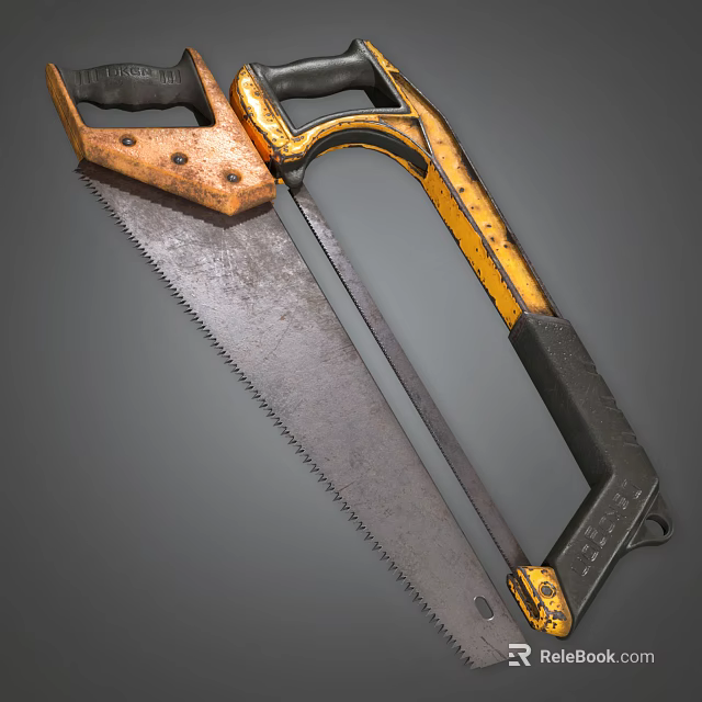 Vintage Hand Saw Tool With Yellow Black Handle And Sharp Metal Blade 3d model 