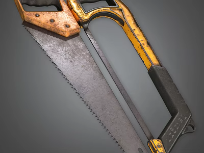 Vintage Hand Saw Tool With Yellow Black Handle And Sharp Metal Blade 3d model