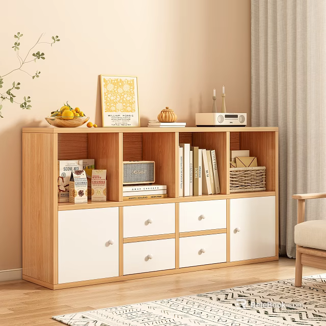 Wooden and White Bookcase with Fruit Bowl Yellow Painting Pumpkin Decor Radio Books Wicker Basket 3d model 