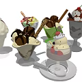 Assorted Delicious Ice Cream Desserts With Chocolate Sauce Cherries And Cookie Sticks In Glass Bowls