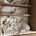 Stylish Wooden Sideboard with Marble Back Panel and Shelves Holding Dishes Glasses and Decor