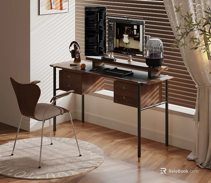 Modern Home Office Workspace With Wooden Desk Chair Computer Blinds And Green Plant 3d model 