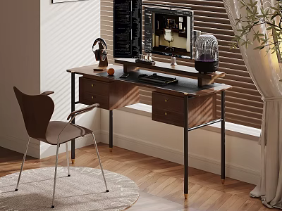 Modern Home Office Workspace With Wooden Desk Chair Computer Blinds And Green Plant 3d model