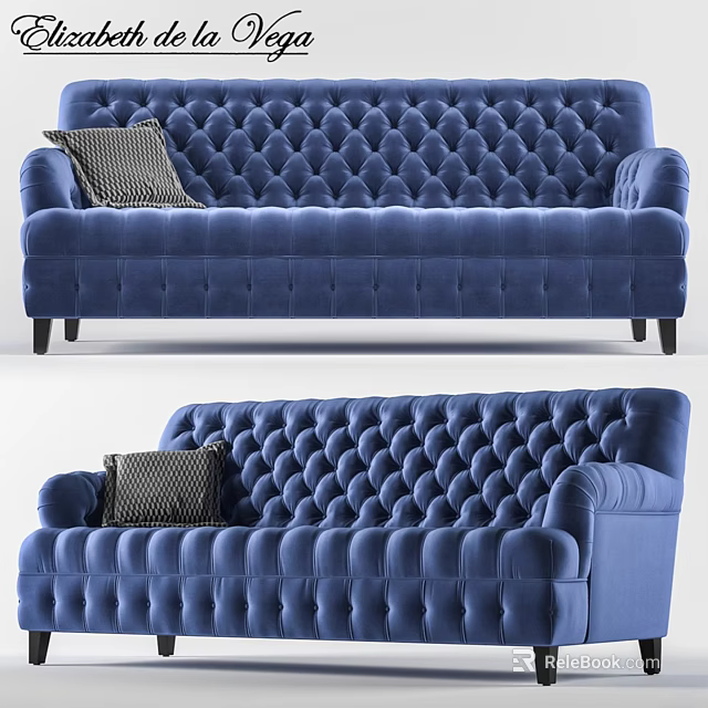 Elegant Blue Diamond Tufted Two Seater Sofa With Black White Checkered Cushion 3d model 