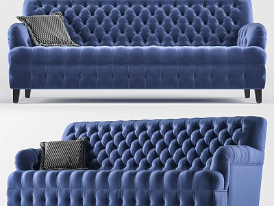 Elegant Blue Diamond Tufted Two Seater Sofa With Black White Checkered Cushion 3d model