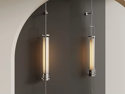 Modern Wall Sconces With Cylindrical Glass Shades Mounted On Dark Gray Wall Warm Lighting 3d model