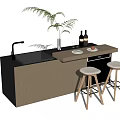 Wooden Bar Counter With Black Sink Two Stools Plant And Wine Bottles On Countertop