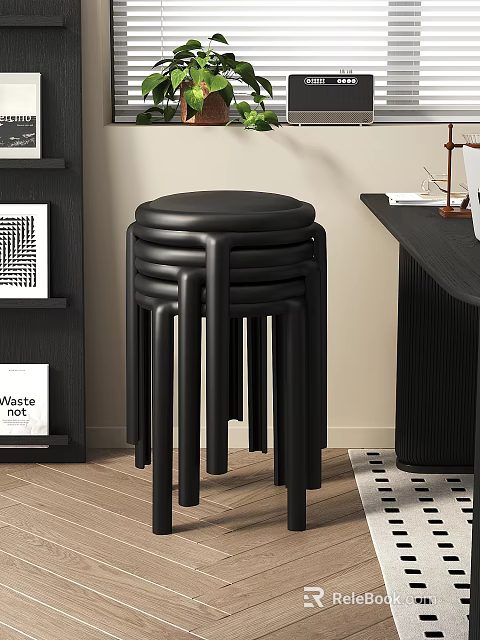 Black Stacked Stools with Modern Minimalist Design in Home Interior 3d model 