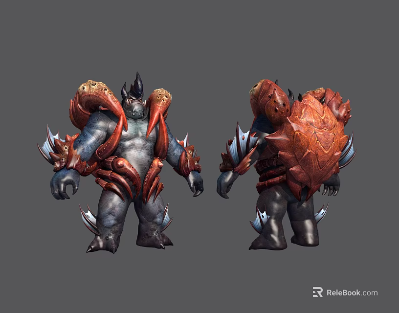 Fantasy Armored Creature Character Design With Red Gray Armor And Spiked Details Front Back Views 3d model 