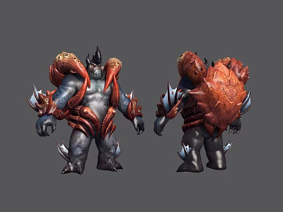 Fantasy Armored Creature Character Design With Red Gray Armor And Spiked Details Front Back Views 3d model