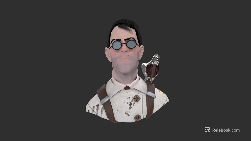 Eccentric Game and Movie Character With Round Glasses Bird on Shoulder and Stained Suspenders 3d model 