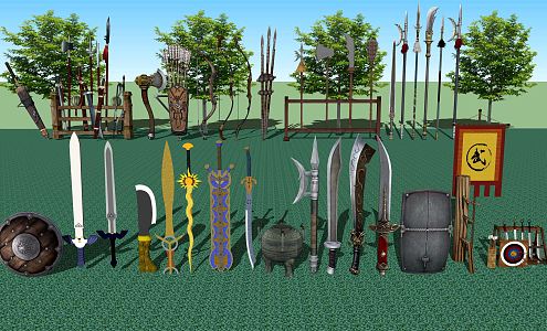 Chinese-style Weapon Cold Weapon Swords Bow and Arrow Battle Spear Shield Weapon Rack 3d model