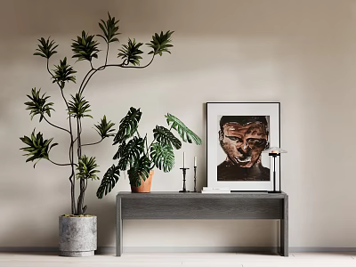 Minimalist Entryway Console Table With Tall Green Plants And Framed Painting Decor 3d model