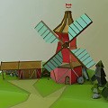 Cartoon Scene Featuring Red Windmill Blue Blades Wooden House Brown Roof Green Grass And Trees