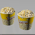 Two Yellow Popcorn Buckets With Printed Popcorn Design On Dark Reflective Background 3d model