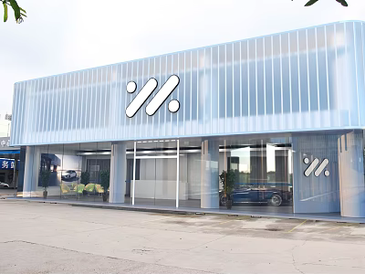 Modern Light Blue Building Exterior With Vertical Stripes Glass Doors And Showroom Logo 3d model