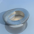 Modern Bowl Shaped Architectural Design With Lattice Structure Water Reflection Against Blue Sky