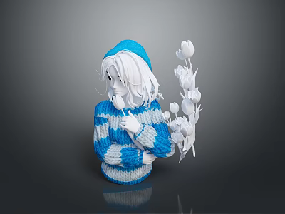 Stylish Blue Hat And Blue White Striped Sweater Fashion Outfit With White Flowers 3d model