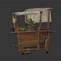 Wooden Fruit Cart With Canopy Loaded With Fresh Fruits Vegetables And Barrels