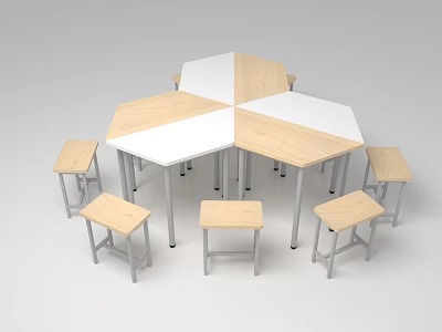 Modern Hexagonal Table and Stools Set with Light Wood White Interlocking Top and Metal Legs 3d model