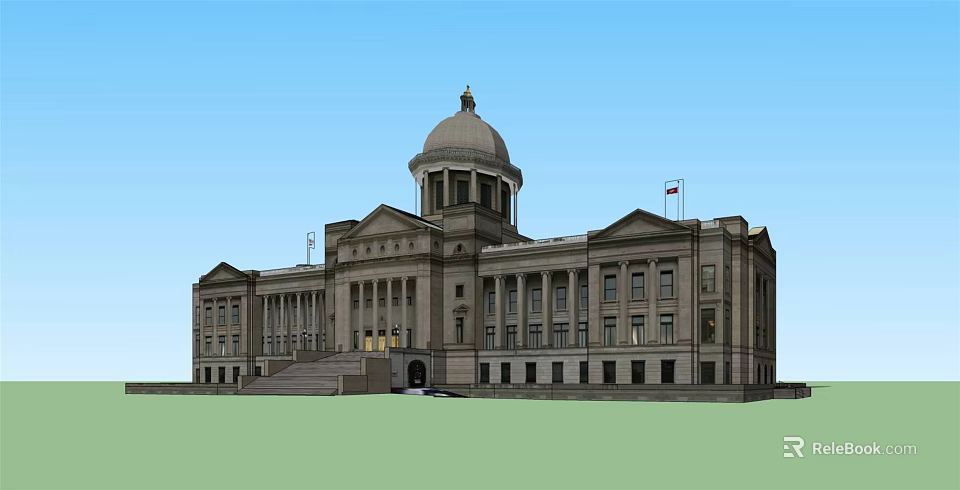 Domed Stone Office Building With Columns Front Steps And Flag Under Blue Sky 3d model