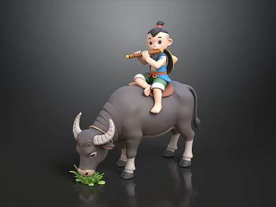Boy Riding Ox Blowing Flute While Ox Grazing On Green Grass 3d model