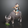 Boy Riding Ox Blowing Flute While Ox Grazing On Green Grass