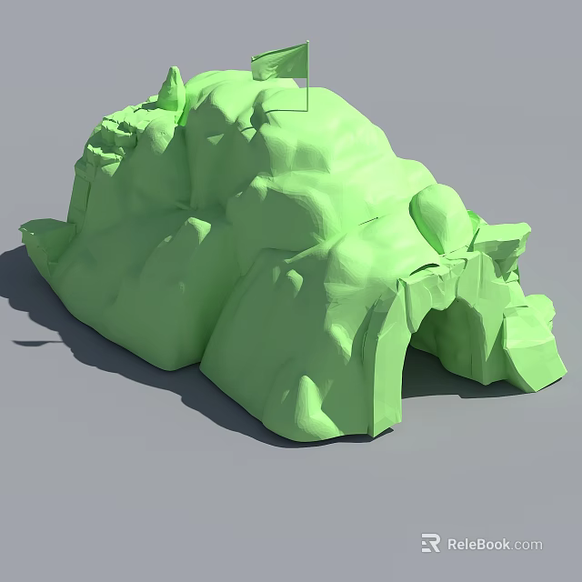 Green 3D Model Rock Formation With Textured Surface And Cave Like Opening On Gray Background 3d model 