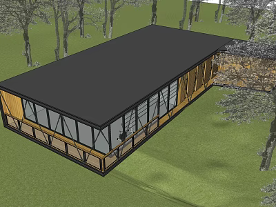 Modern Holiday Home Building with Black Roof Large Glass Windows Wooden Structure in Natural Surroundings 3d model