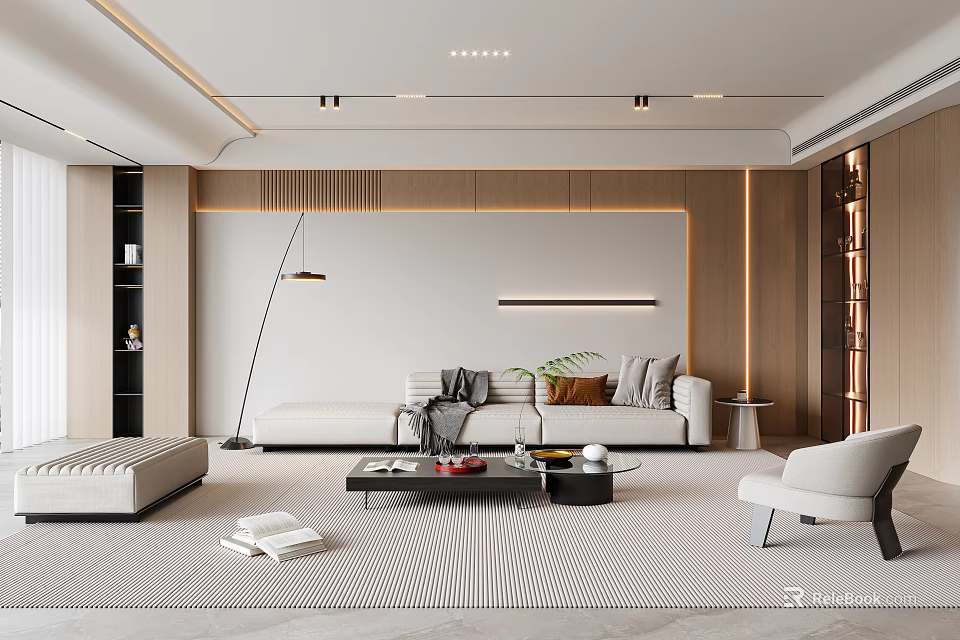 Modern Living Room Interior With Sofa Coffee Table Floor Lamp Striped Rug And Wall Paneling 3d model 