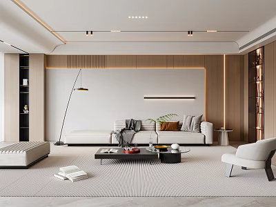 Modern Living Room Interior With Sofa Coffee Table Floor Lamp Striped Rug And Wall Paneling 3d model
