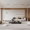 Modern Living Room Interior With Sofa Coffee Table Floor Lamp Striped Rug And Wall Paneling