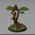 Whimsical Treehouse On Large Tree With Wooden Stairs Pond Mushrooms And Little Figures