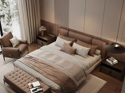 Modern Double Bed Bedroom Interior With Brown Headboard Pillows Blanket And Armchair 3d model