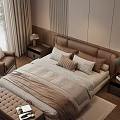Modern Double Bed Bedroom Interior With Brown Headboard Pillows Blanket And Armchair