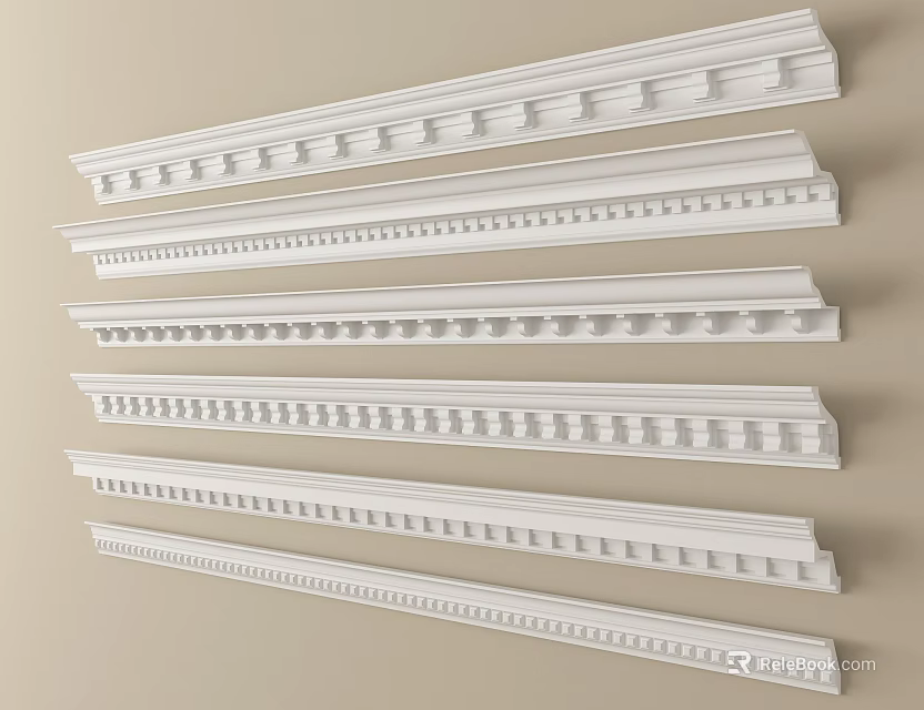 White Plaster Cornice with Various Decorative Patterns for Interior Design 3d model 